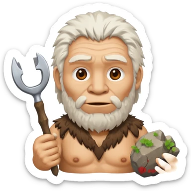 cartoon old Neanderthal with messy white hair and stone tool emoji style sticker