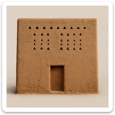 Make the old, weathered mud building house perfectly square in shape while keeping all aged textures, cracks, and authentic details intact. Show the front view only, with no sky or sunset in the background. Maintain the rustic and aged appearance authentically. sticker