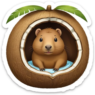 Small capybara inside a hollowed coconut, using it as a cozy home sticker