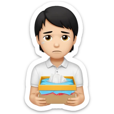 generate a pretty bratz boy with long black hair, wearing a white polo shirt. Looking sad, holding a box of tissues sticker