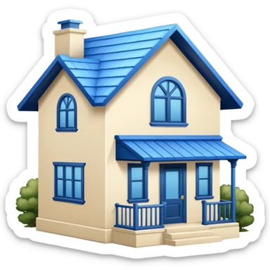 a creamy-colored house with blue trim and a blue roof sticker