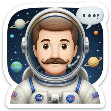 Boomer wearing a classic spacesuit with a bold mustache. Add a small speech bubble that says, “Hello from orbit!”

 sticker