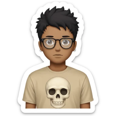 black anime hair guy with skeleton makeup wearing a stussy tshirt with glasses sticker