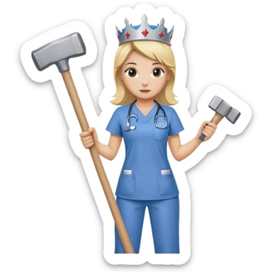 blond nurse girl wearing scrubs with a crown and a sledge hammer sticker