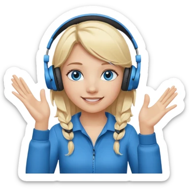 girl with blonde hair and blue eys, having on ears heaphones, with heands telling what  sticker