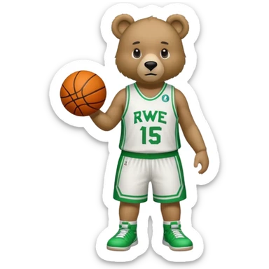 Bear with full body and wearing basketball green and white  jersey that says RWE  sticker