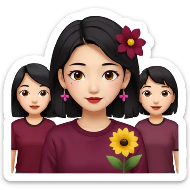 A Korean woman with messy and stylish black hair, a flower in her ear and an iconic Y2K shirt maroon and brown hazel eyes, makeup sweetie,A Style Vibe in the Crowd sticker
