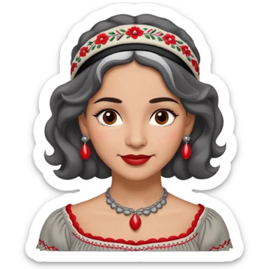 Latina woman, 50s, warm light brown skin, round soft face, wavy black and gray hair, red and white headband, medium eyes, thin eyebrows, gentle smile, gray peasant blouse, decorative embroidery, bare shoulders, large dark necklace sticker