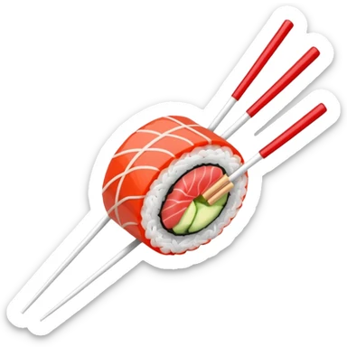 Japanese cuisine humanless avatar in minimalist emoji-style illustration. Sushi, roll and 2 chopsticks, clean lines, red white colors, flat design, calm and modern. sticker