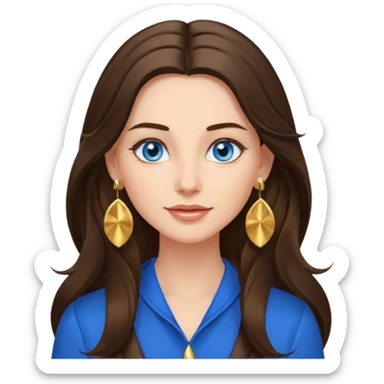 
Create an emoji of a brunette with blue eyes. She should have long hair, stylish clothing, and a friendly facial expression. Add some accessories like earrings or glasses to make the look more interesting. sticker