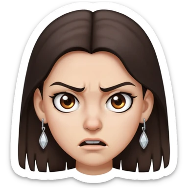 angry girl with dark brown hair below shoulders, grey eyes, earring on right side of nose, pierced ears sticker