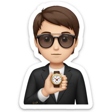 Un niño con pelo lacio color castaño,con lentes de sol negros y un reloj en la mano sticker