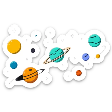 Bright planets and stars floating, white background, high saturation, colorful sticker