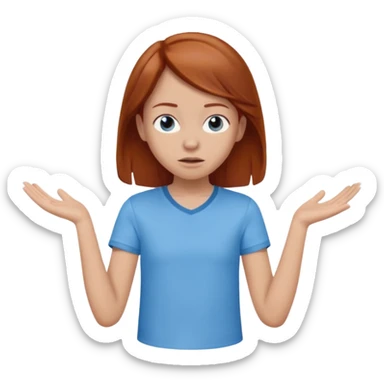 shrugging emoji tween auburn hair light blue shirt with a darker blue L sticker