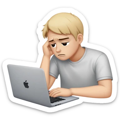 Create an emoji of a tired person sitting at a laptop, looking exhausted and frustrated. They have slouched posture, representing overwork and burnout. sticker