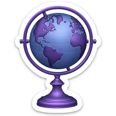 Realistic globe on a stand in muted purple tones with dark blue sticker
