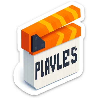 voxel style movie clapperboard with the text 'PLAVLEYS', orange lid, white body, isometric view sticker