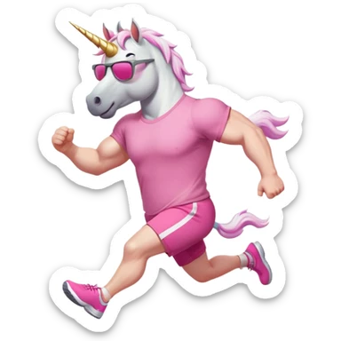 friendly anthropomorphised male white unicorn with a fit, chunky, muscular and strong physique, arms and legs matching the white of the head, in grey shorts and pink t-shirt, wearing dark sunglasses, jogging upright in a standard pose sticker