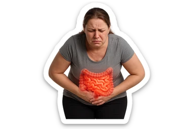 DONNA LEGGERMENTE SOVRAPPESO PIEGATA IN AVANTI FRONTALMENTE CON INTESTINO ANATOMICO IN EVIDENZA, MAL DI PANCIA iperrealistico 4k sticker