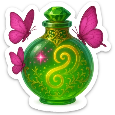 Maintain the original design with a rounder bottom, transparent background, and glossiness. Inside, add a glowing liquid effect with magical elements, incorporating some pink effects or details inspired by the style of the second reference elixir image. sticker