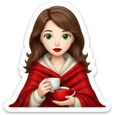 Long wavy brown haired, white skinned, dark green eyed girl with red lipstick wrapped in a blanket, sipping tea and reading a book sticker