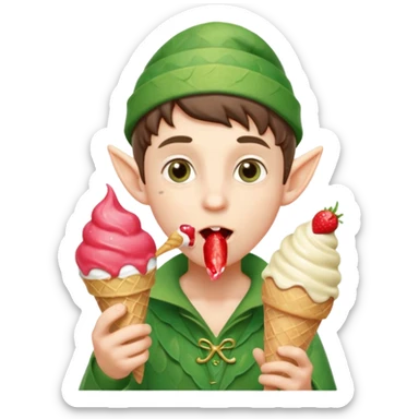 
A young elf boy in leafy clothes licking a triple-scoop ice cream with wide eyes.
baby elf with strawberry ice cream




 sticker
