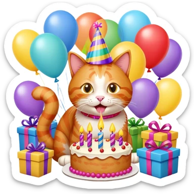 Ginger cat celebrates birthday, birthday hat, birthday cake, balloons, happy, gifts sticker