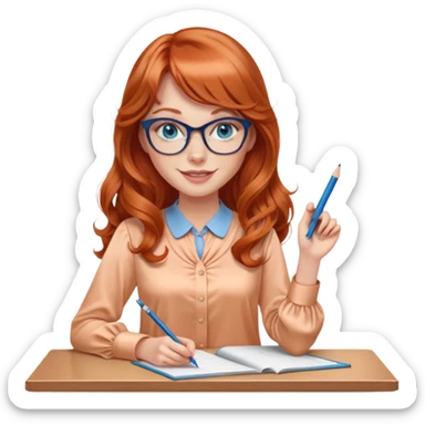 redheaded woman with very long wavy hair and bangs, blue eyes, clear cat-eye glasses, apricot silk blouse, pencil skirt, holding a pencil, smiling sticker