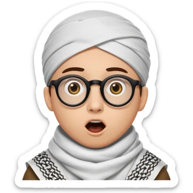 A person with light skin tone, wearing a traditional white keffiyeh with a black agal, large brown eyes, round glasses, and an open mouth showing a surprised or shocked expression. sticker