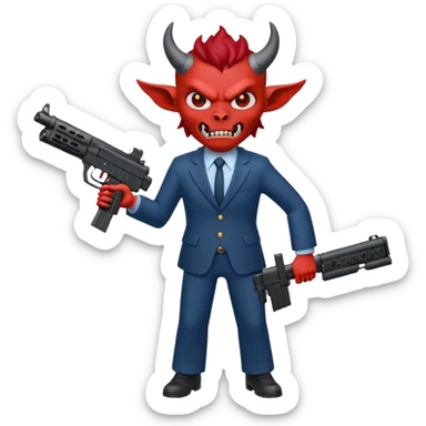 A Demon from hell that is dressed like a fbi agent with a machine gun, full body pointing the machine fun to the left. In the style of your be sticker
