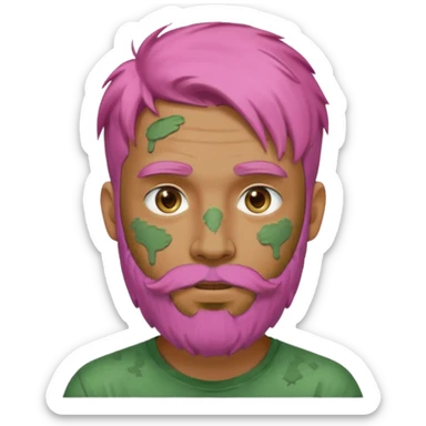 pink haired man with full full face dirty messy green clay mask and beard sticker
