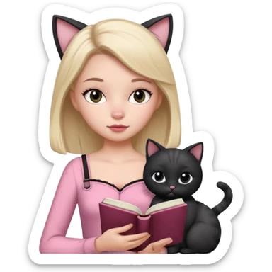 Menina branca 16 anos olhos pretos ,cilios grandes, boca carnuda ,nariz pequeno ,cabelos até a cintura ,vestido rosa de alça, lendo um livro com um gato preto e branco  sticker