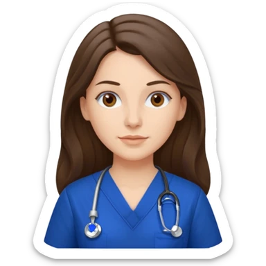 Nurse, white woman, long brunette hair, brown eyes, royal blue scrubs sticker