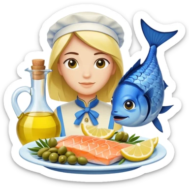 Mediterranean cuisine avatar in clean emoji-style illustration. Olive oil, fish, lemon, blue and sunny colors, light and fresh mood, flat design, high contrast. sticker