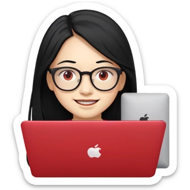 filipino long hair black fair skin with red eyeglasses freelancer with MacBook, smiling. sticker
