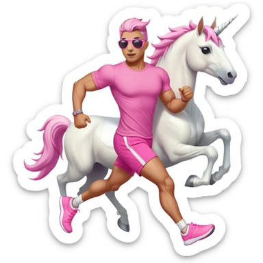 full body friendly anthropomorphised masculine unicorn with white horse-like face, muscular build, wearing pink t-shirt, shorts, trainers, dark sunglasses, running sticker