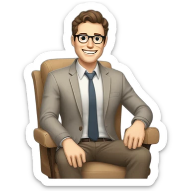 Joyful Celebrating victory Hands up Pale skinned Fit Man With dark brown hair in gray jacket, beige office shirt, Brown pants and vintage glasses sitting In a soft chair sticker