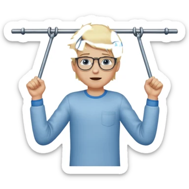 Wygeneruj mi emotke chłopaka o włosach blond z niebieskimi oczami w okularach, który podciąga się na drążku sticker