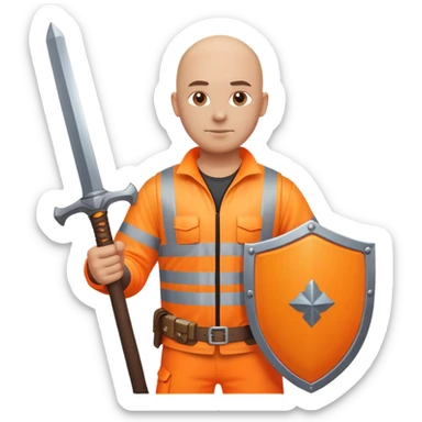 Bald Telecoms engineer in orange hi vis with sword and shield sticker