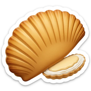 A madeleine pastry. Scalloped seashell shape with ONLY four to five vertical lines going in the same direction. Light golden brown. Scalloped edge. Cookie. Flat. Long. Oval shape. Lets scallops. sticker