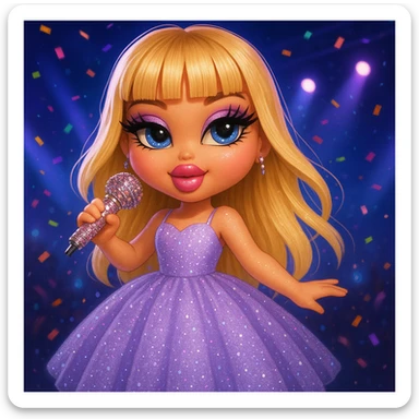 Pretty and girly Blonde pop star with bangs wearing a sparkly tulle light purple ballgown, holding a bedazzled microphone, reimagined as a cute Bratz doll, with a nighttime concert backdrop with colorful confetti sticker