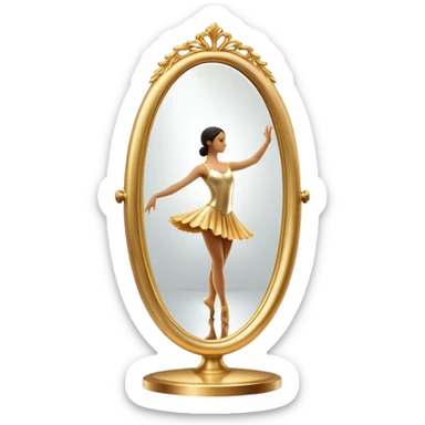 Cinematic Realistic Mirror, a large, ornate mirror reflecting a dancer’s poised silhouette, soft golden light creating depth, slight smudges on the glass adding realism, glowing with a timeless and artistic presence. sticker