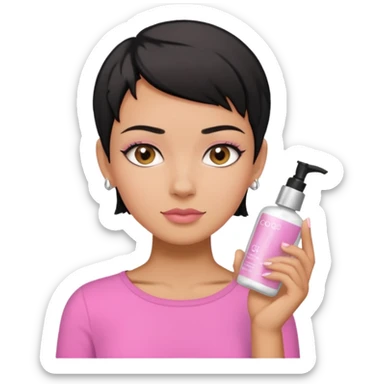 tan girl pink shirt with black hair & a pixie, cut no earrings, doing skin care sticker