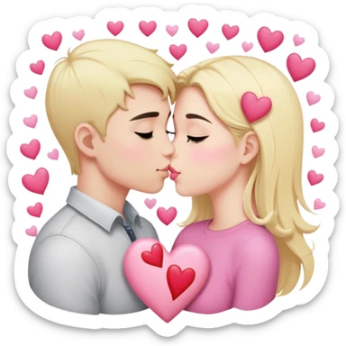 Couple of blonde girl and white boy with black hair is kissing with a lot of hearts around them sticker