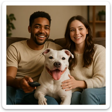 couple watching TV together, white pitbull sitting between them, relaxed and happy mood sticker