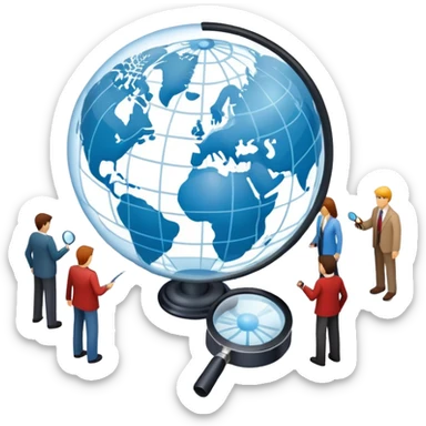 An icon featuring a group of people, a network diagram, and a magnifying glass, symbolizing sociology. The design includes a globe and interconnected lines, representing social structures and relationships. Transparent background highlights the study of societies and human behavior. sticker