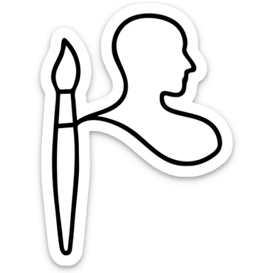 A paintbrush morphing into a polished silver human sculpture silhouette with bronze details, symbol of artistic identity sticker