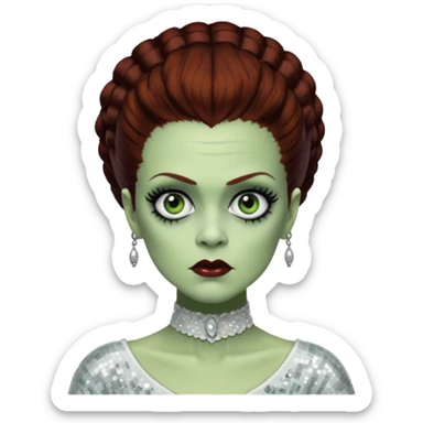 Bride of Frankenstein from Universal Monsters with pale greenish skin, dark auburn hair, white sequin outfit sticker