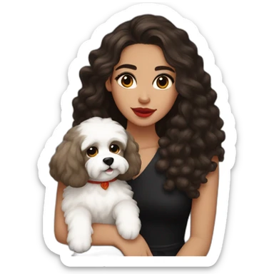 young moroccan woman with brown eyes, dark long curling hair, red lips, a black dress and a white cotton of tulear dog on her lap sticker
