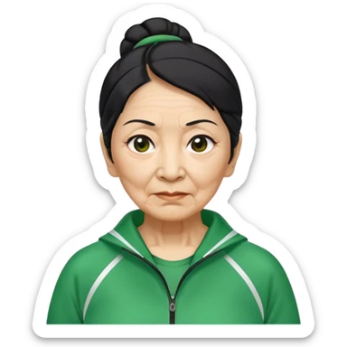 Cha: Age Late 50s, a Asian old woman with black hair tie, Green player tracksuit sticker